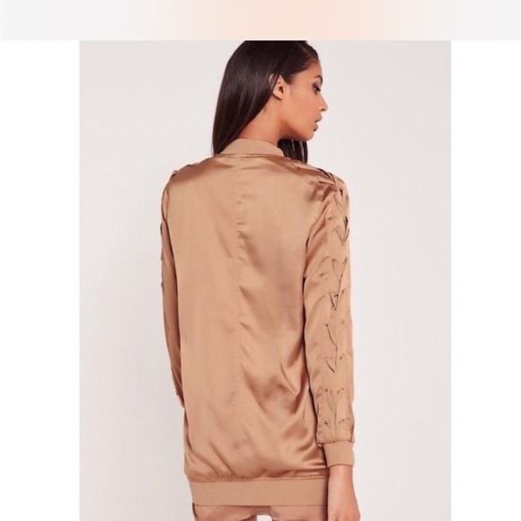 Carli Bybel Missguided Lace Up Arm Satin Long Bomber Jacket Tan Sz 8 Relaxed Fit - Picture 13 of 13